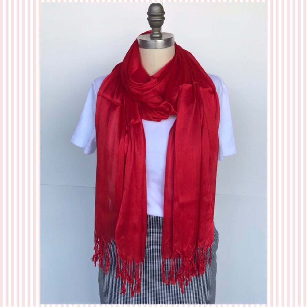 Red Silky Viscose Scarf / Shawl with Fringes NWOT